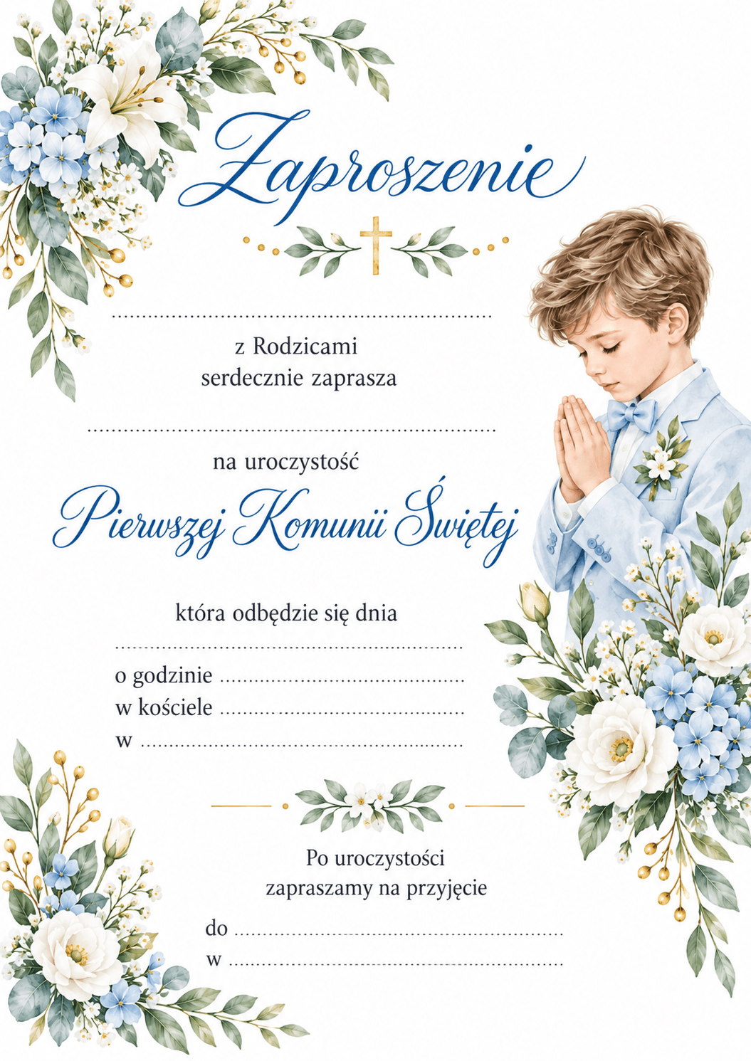 Zaproszenie komunijne B6 dla chłopca – wzór do wypełnienia Niebiesko-białe zaproszenie komunijne B6 z chłopcem i polami do samodzielnego wypełnienia